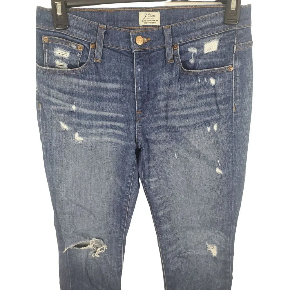 J. Crew Jeans 27 Womens High Rise Medium Wash Distressed Slim Broken In Boyfrien